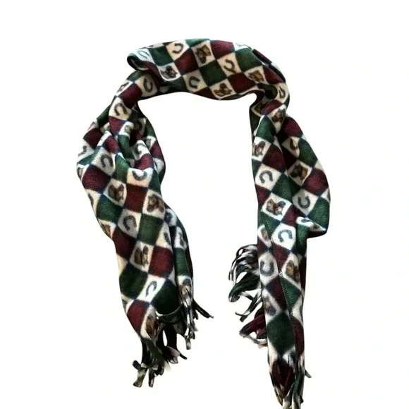Red and Green Horse Fleece Scarf with Fringe - Picture 3 of 3